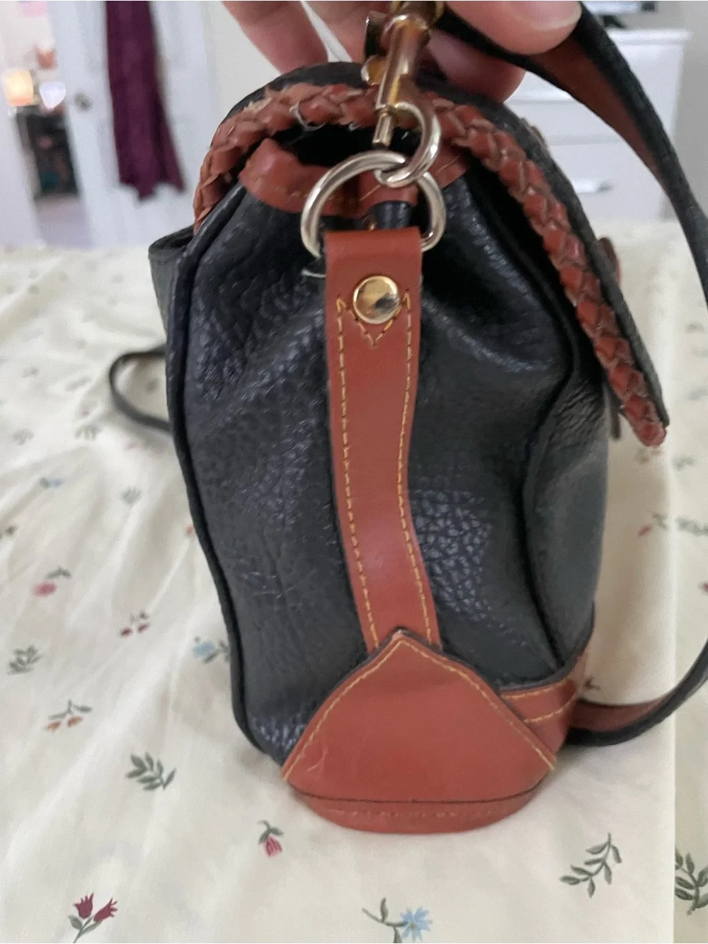 Dooney & Bourke Black Pebbled Leather Crossbody with Brown Trim
